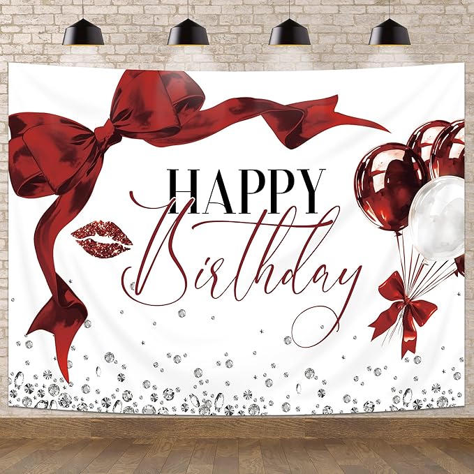Burgundy Bow Backdrop 8Wx6H Photography Girls Coquette Happy Birthday Decorations Lips Diamond Balloons Background Women Bachelorette Party Decorations Banner Photo Booth Props Supplies