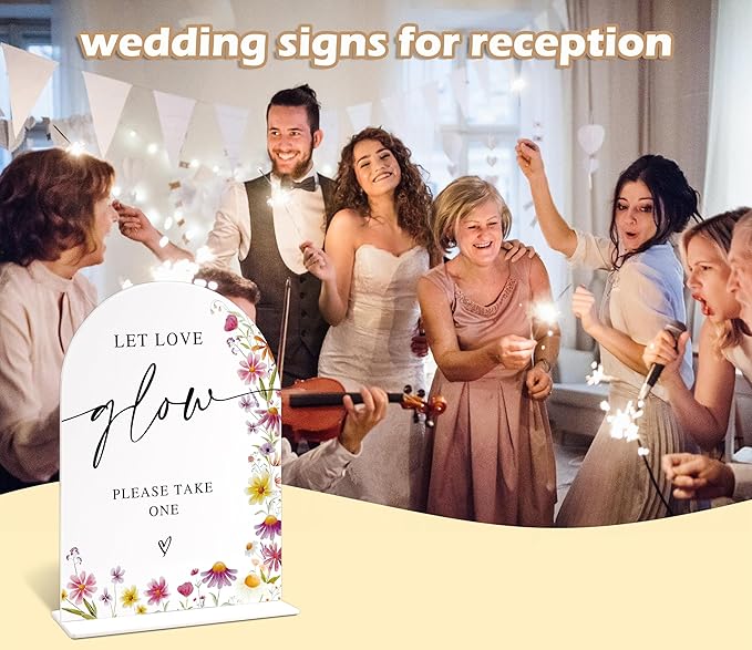 Wedding Glow Sticks Please Take One Sign, Wild Flower Arch Acrylic Wedding Signs for Reception, Love Is In Bloom Bridal Shower Floral Engagement Party Decorations, 6x8 Inch