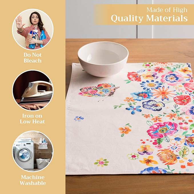 Maison d' Hermine Placemats Set of 4 100% Cotton Washable Cloth Place Mats, Reusable Table Mats for Kitchen Dining Decoration, Party, Restaurant Spring/Summer (Happy Florals - High Summer, 13" x 19")