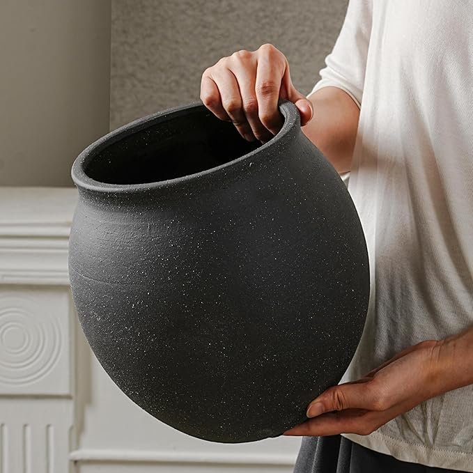 Large Black Ceramic Vase,Wide-mouthed Round Planter with Drainage Hole, 9.7 Inch Tall Minimalist Farmhouse Decor for Indoor Flowers, Plants, Table Centerpiece, Shelf, Floor,Living Room (Matte Black)