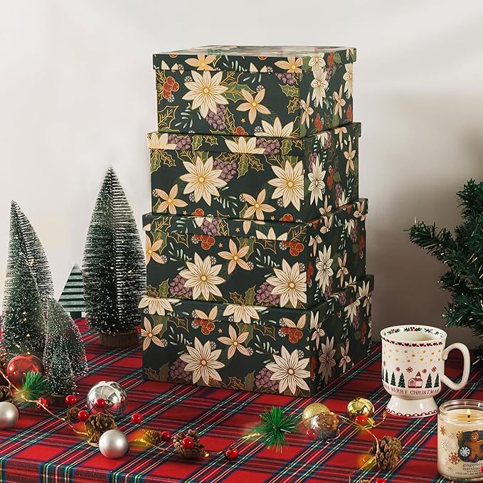 Soul & Lane Christmas Square Decorative Boxes with Lids - Set of 4 - Festive Foliage, Reusable Large Nesting Holiday Gift Boxes for Presents and Décor