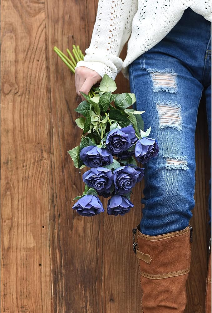 FiveSeasonStuff Fake Roses Wedding Flowers Real Touch Silk Midnight Blue Artificial Flowers 12 Stems