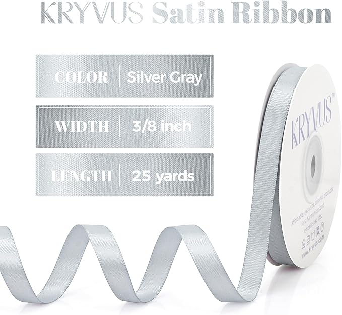 Silver Gray Satin Ribbon, Double Faced 3/8 Inch X 25 Yards Silver Gray Ribbon, Premium Satin Ribbon for Gift Wrapping, Crafts, Hair Bow Making, Sewing, Flower Bouquet, Wedding Party Decor