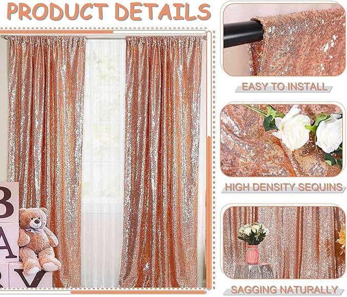 Rose Gold Curtain Backdrop 4FTx8FT 2 Panels Rose Gold Sequin Curtains for Backdrop Decoration Glitter Photo Background for Wedding Baby Shower Parties