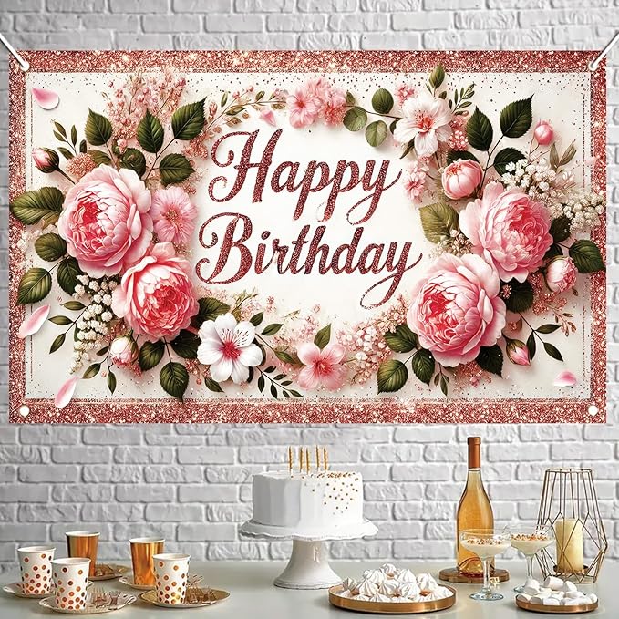 Happy Birthday Backdrop Rose Gold Glitter Peony Floral Banner Birthday Party Decorations Photography Background for Women Girls Wedding Baby Shower Decor Photo Booth Supplies 6x4ft