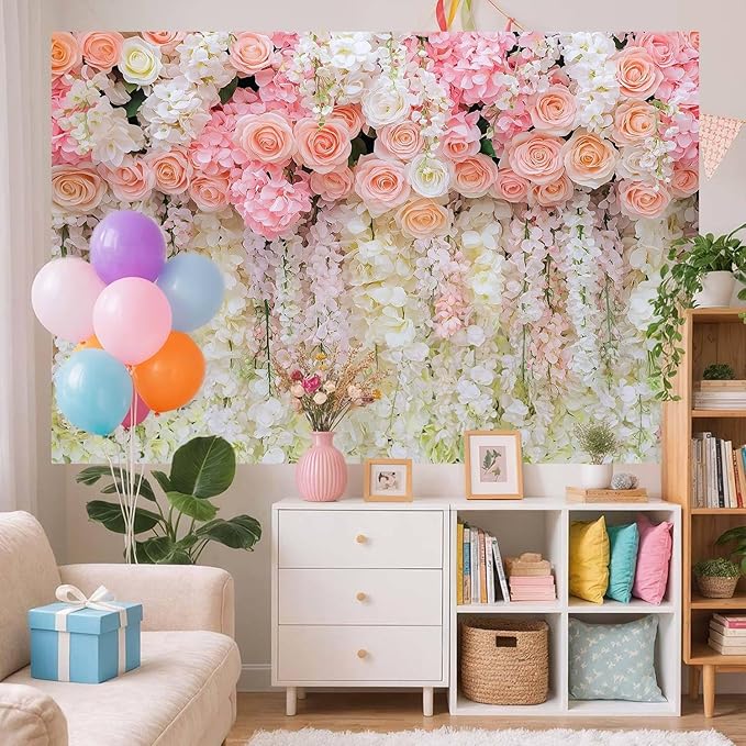 7x5ft Pink Rose Flower Wedding Photography Backdrop Spring Floral Photography Backdrop Valentine's Day Mother's Day Girl Birthday Baby Shower Wedding Bridal Party Banner Photo Booth Props Background
