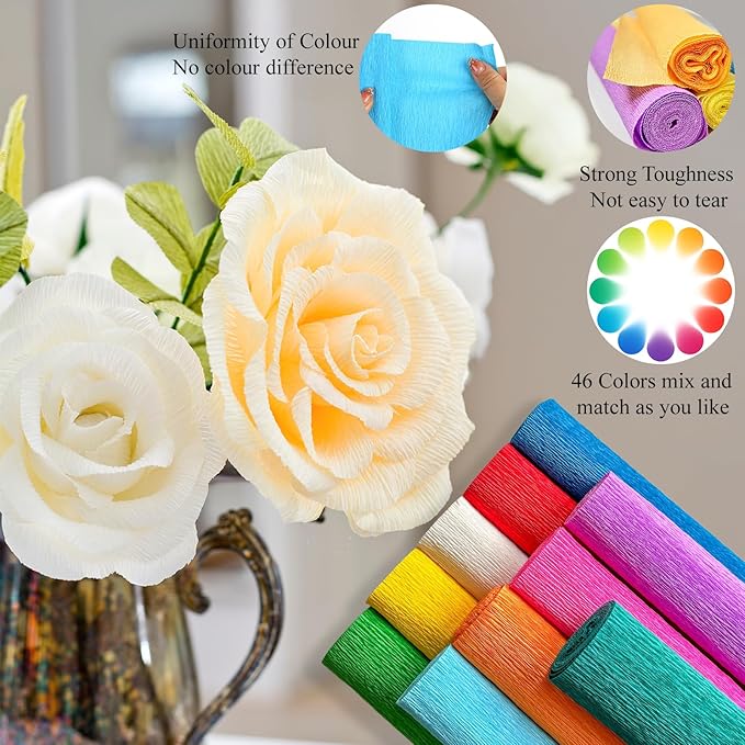 46 Colors Crepe Paper Rolls, 10 x 98 Inch Wide Crepe Paper Flowers Kit with 100 Pcs Floral Iron Wire, Floral Band, Double-Sided Tape, and Scissors for DIY Gifts, Parties, Weddings, Festival Decoration