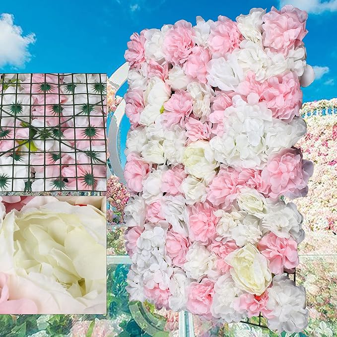Eapmic 6Pcs 23.62"x 15.74"x 0.79" Artificial Flower Wall Panels,Flower Wall Mat Silk Flower Panels for Outdoor Garden Backyard Fence Fence Privacy Screen and Indoor Wall Decor(White+Pink)