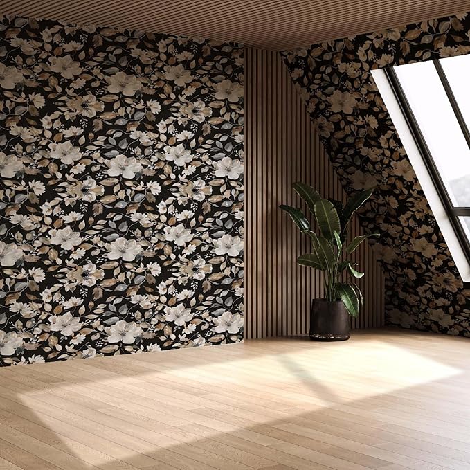 Vintage Dark Black Floral Peel and Stick Wallpaper Modern Botanical Flower Waterproof Removable Self Adhesive Vinyl Contact Wall Paper for Farmhouse Bathroom 17.7" X 354" Roll