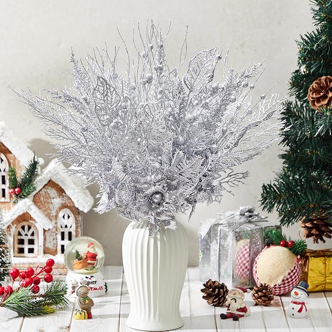 30 Pcs Artificial Christmas Tree Picks and Sprays Glitter Berry Stem Branches Holly Floral Picks Twigs Christmas Tree Ornaments for DIY Xmas Wreath Vase Filler Decorations(Silver)