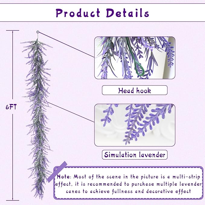 Spring Summer Lavender Garland, 6Ft Purple Lavender Artificial Garland, All Year Lavender Garlands for Farmhouse Wedding Mantle Arch Porch Stair Table Indoor Door Home Decor (1)