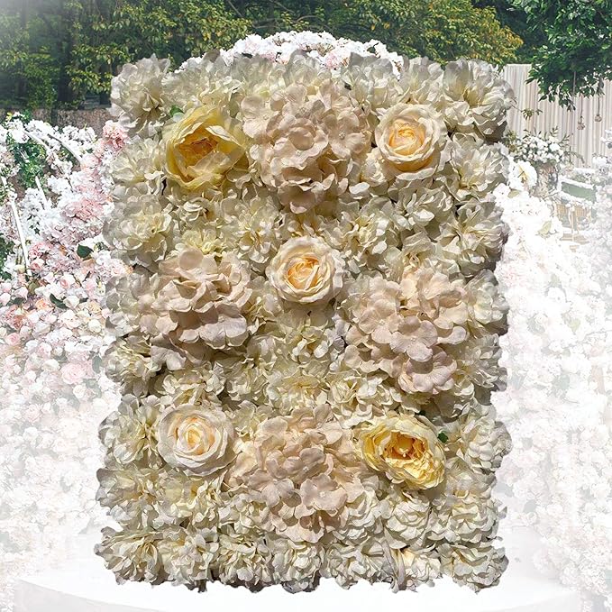 6 Pack Artificial Flower Wall Panels 24" x 16" Flower Wall Panel Wall Backdrop Faux Hydrangea and Rose Flower Backdrop Panels for Flower Wall Decor Wedding Party Event Decoration (6 PCS, Khaki)