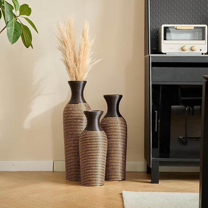 Floor PVC Decorated Vases Set of 3 for Gorgeous Home Decoration Large Classic Neat PVC Vases 19.6in/23.6in/27.5in Height(Beige+Black)