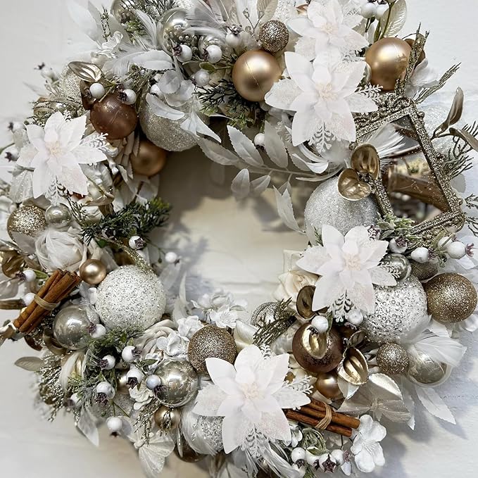RECUTMS 10 Pcs Christmas Glitter Artificial Poinsettia Flowers 6inch Christmas Tree Decoration Christmas Wreath Holiday Seasonal Decorations (White, 6inch)