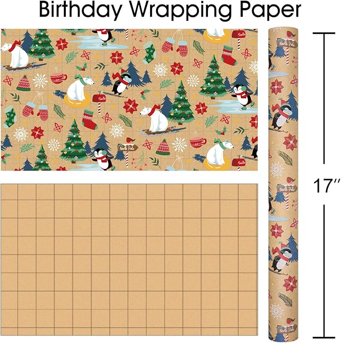 MAYPLUSS Christmas Wrapping Paper Roll - 17IN X 33FT - Kraft Gift Wrapping Paper Featuring Cute Polar Bear Penguin Christmas Tree Holly Reversible Cut Lines for Kids, Holiday, New Year