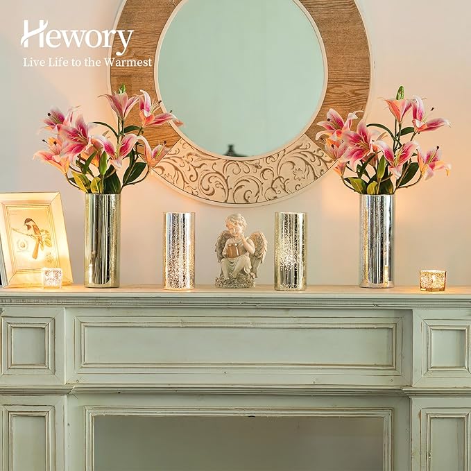 Glass Cylinder Vases Set of 6, Hewory Glittery Gold Vase for Centerpieces, Hurricane Candle Holders for Pillar or Floating Candle, Round Tall Vase for Wedding Anniversary Events Home Table Decor