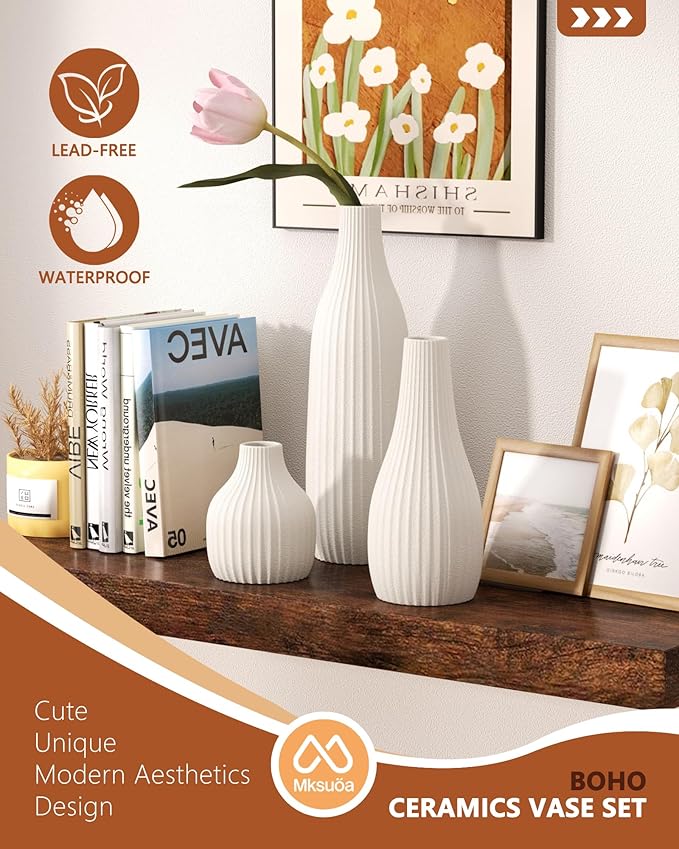 Decorative Flower Vase Set of 3 - Modern Boho Style White Vases, Ribbed Textures Ceramic Vase for Home Decor Shelf Bookshelf Mantle TV Stand Entryway Console, Dining Table Centerpiece Decor