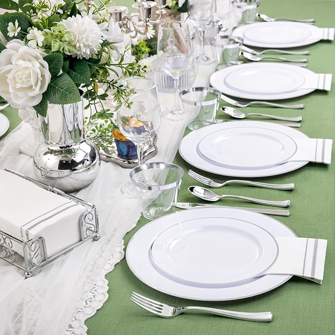 SUT 175 Piece Silver and White Plastic Dinnerware Set for 25 Guests, Disposable Plastic Plates, Include: 25 Dinner Plates, 25 Dessert Plates, 25 Pre Rolled Napkins with Silver Silverware, 25 Cups