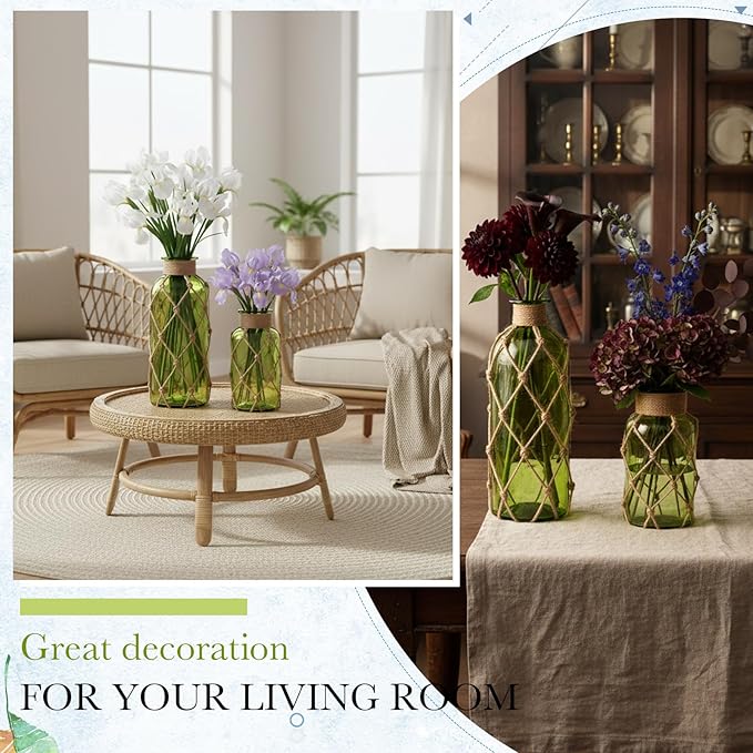 Chuangdi Set of 2 Coastal Glass Vases for Flower Small Flower Vase with Boho Rope Wrapping Beach Decorative Bottle for Coastal Nautical Table Centerpiece Wedding Floral Arrangement Decor(Olive Green)
