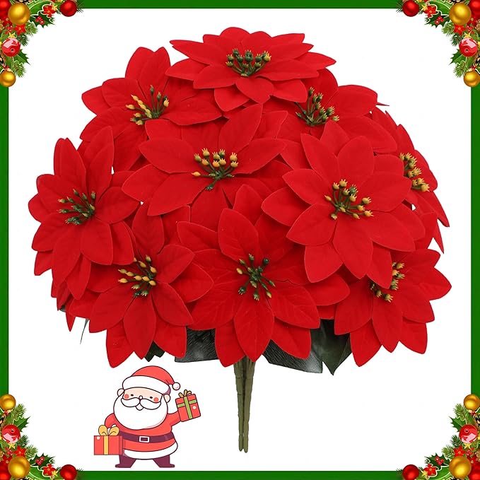 7 PCS Red Silk Poinsettia Flowers with 7 Heads - Artificial Christmas Floral Bouquet for Xmas Party, Winter Holiday Decor, Table Arrangements, Home & Seasonal Displays