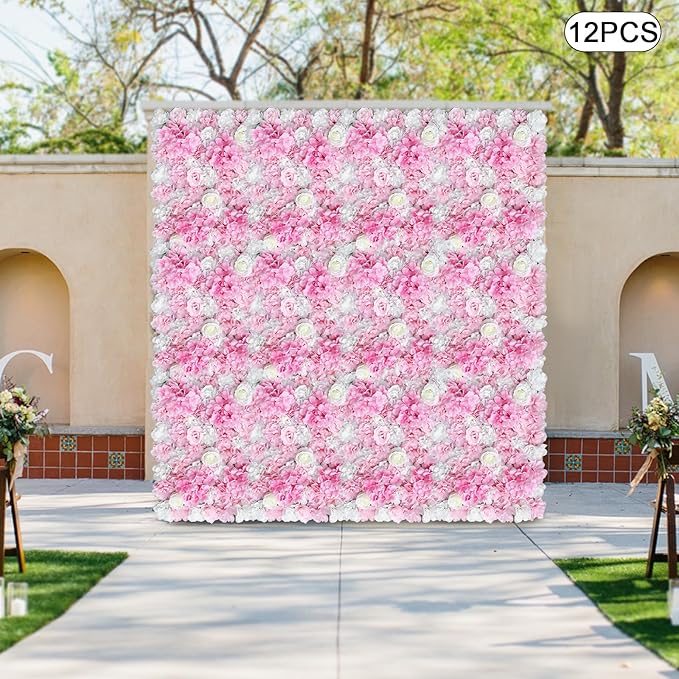 12 Pcs Artificial Flower Wall Panel 3D Silk Fabric Floral Backdrop Flower Wall Decor for Wedding Party Event Photo Stage (White Dahlia + Deep Champagne)