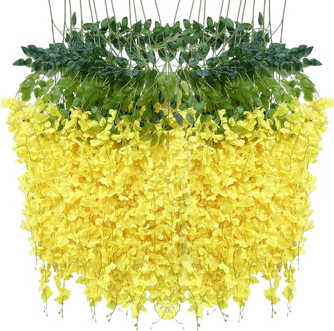 Artificial Wisteria Hanging Flowers-Fake Wisteria Flower Garland Silk Vines Rattan Decor for Home Wedding Arch Wall Garden Greenery Bedroom Outdoor Office Party Decoration (36, Yellow)
