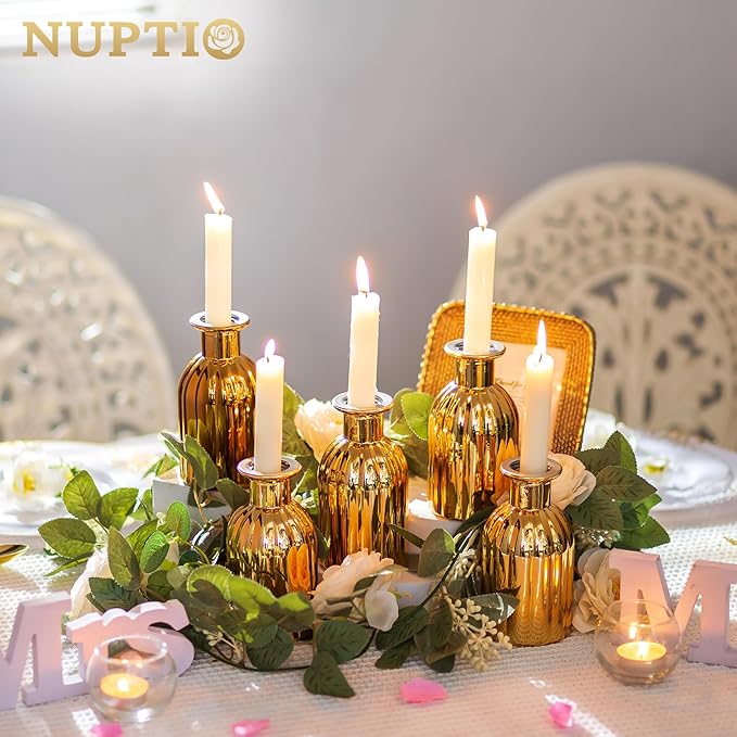 NUPTIO Bud Vases Small Gold: 12 Pcs Glass Vase Set in Bulk for Flowers - Mini Vintage Flower Bottle Single Vases for Wedding Table Centerpieces