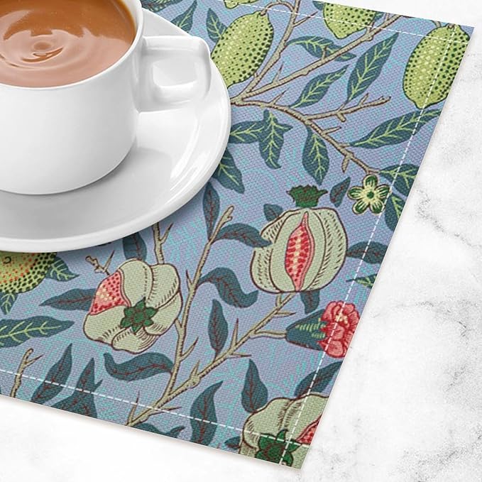 Vintage Fruit Placemats Set of 6, William Morris Retro Boho Flower Botanical Plant Place Mats, Heat Resistant Non Slip Cotton Linen Dining Table Mats for Home Kitchen Party 18x12 Inch