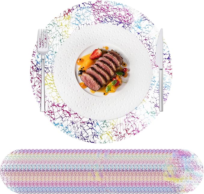 Hysenm 50 Pcs Disposable Colorful Placemats Set Metallic 13 Inch Round Table Doilies, Ultra-Thin Messy Lines Disposable Placement Mats for Home Decoration Dining Table Wedding Birthday Party