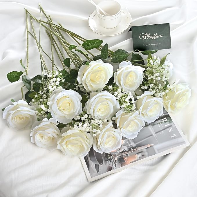Waipfaru 20 Pcs Fake White Roses Babys Breath Artificial Flowers Bulk, Silk White Rose Faux Babys Breath with Long Stems for Wedding Bouquet Vase Flower Arrangement