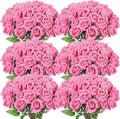 Jexine 50 Pcs Artificial Rose Flower Bulk Realistic Silk Fake Roses with Long Stem Plastic Artificial Flower Bouquet Real Looking for Home Wedding Centerpieces Party Decoration(Dark Pink Champagne)