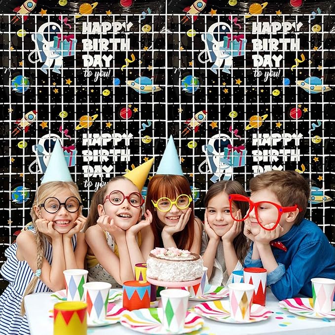 Astronaut Birthday Party Decorations 2 Pack Outer Space Foil Fringe Curtains 3.28 x 6.56Ft Space Tinsel Curtain Backdrop Black Photo Booth Backdrop for Kids Boys Girls Galaxy Birthday Baby Shower
