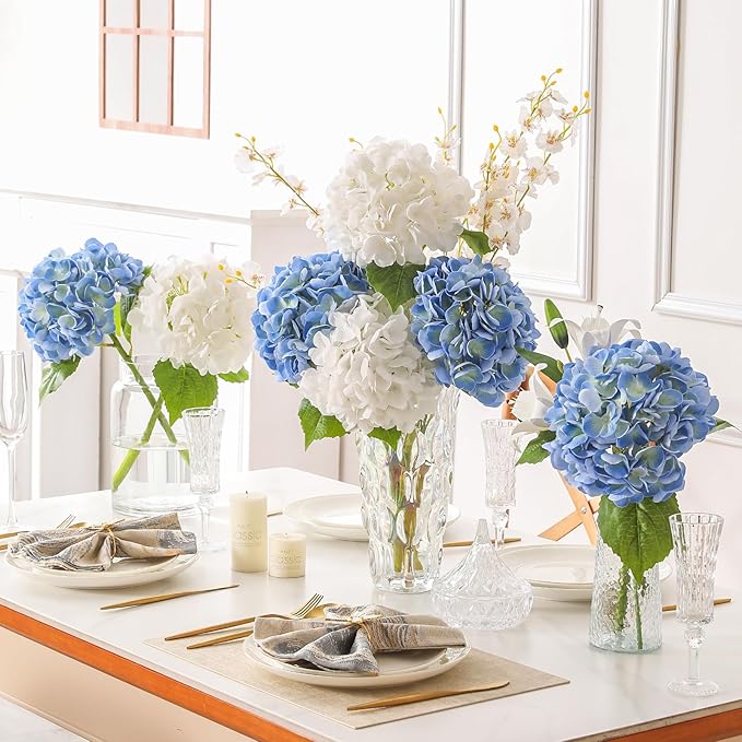 3Pcs Hydrangea Artificial Flowers, 22.44" Real Touch Latex Faux Hydrangea with Long Stems & Leaves for Home Office Decor or Wedding, Party, Centerpieces, Floral Arrangements (Blue)