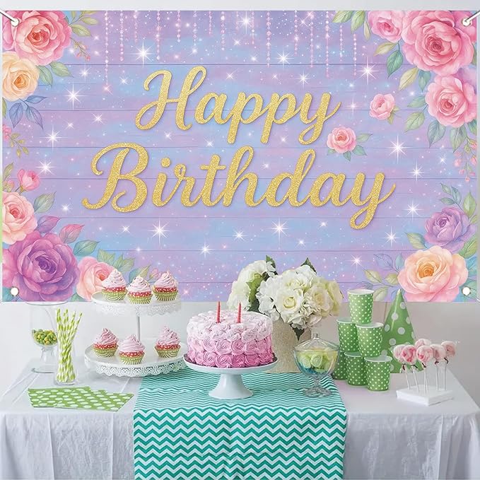 71 x 43 Inch Happy Birthday Backdrop Purple Pink Floral Glitter Rose Birthday Party Decorations Banner for Girls Women Kids Birthday Supplies Photo Booth Wall Backdrop Photography Props