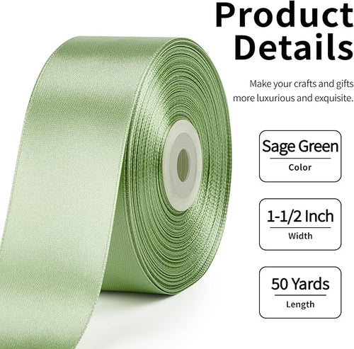 1-1/2 Inch Wide Sage Green Satin Ribbon, 50 Yards Solid Polyester Fabric Ribbon for Roses Making, Gift Wrapping, Christmas, Wedding Decorations, Crafts, Bows