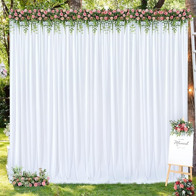 White Backdrop Curtains 2 Panels, 10 Feet Wrinkle-Free Polyester Photography Backdrop Drapes for Wedding Baby Shower Party Background Backdrop Stand- 8FTX10FT (White)