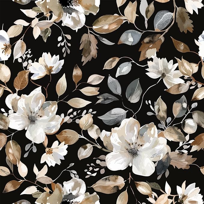 Vintage Dark Black Floral Peel and Stick Wallpaper Modern Botanical Flower Waterproof Removable Self Adhesive Vinyl Contact Wall Paper for Farmhouse Bathroom 17.7" X 70.8" Roll