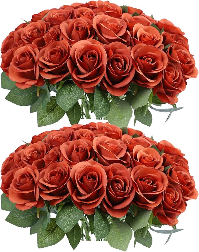 52pcs Burnt Orange Roses Artificial Flowers Fake Flowers Silk Roses with Stems for DIY Wedding Bouquets Bridal Shower Centerpieces Arrangements Party Decorations