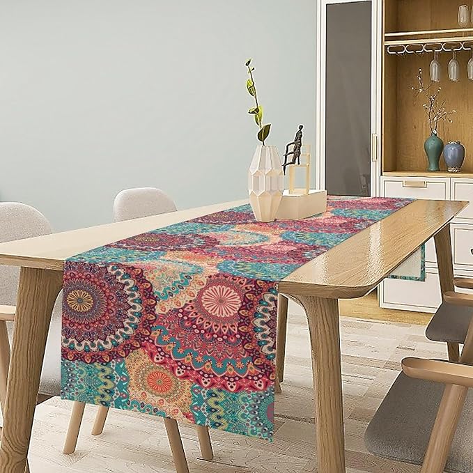 Bohemian Table Runner, Colorful Traditional Blue Pink Mandala Flower Table Runner for Kitchen Dining Cafe Party Decor, 13x90 Inch