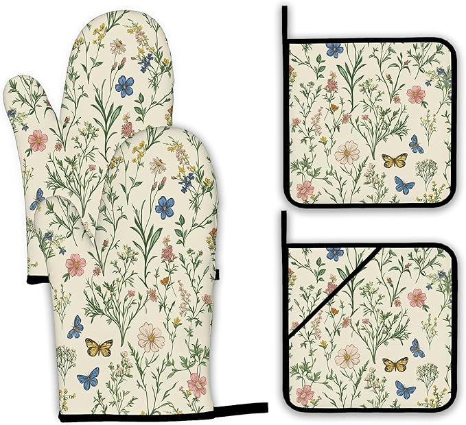Wildflowers Oven Mitts and Pot Holders,Vintage Garden Plants Herb Flower Botanical Heat Resistant Oven Mitts Gloves and Pot Holder for Home Kitchen Decorations Cooking Baking BBQ Gifts,Set of 4