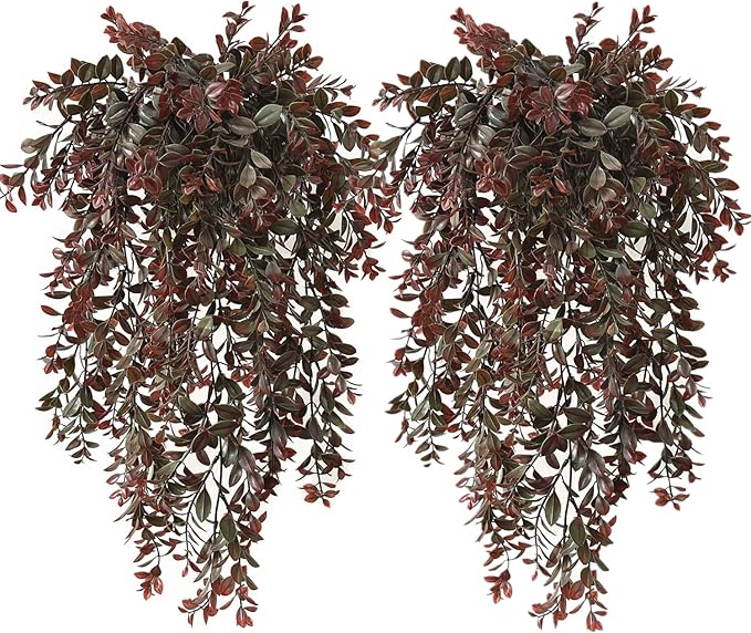 PASYOU Artificial Hanging Vine Plants, Fake Foliage Ivy Plant Plastic Leaves Vines UV Resistant Greenery Faux Flowers Decor Home Indoor Outdoor Garden Door Wall Wedding Party Decoration Red 4 Pack