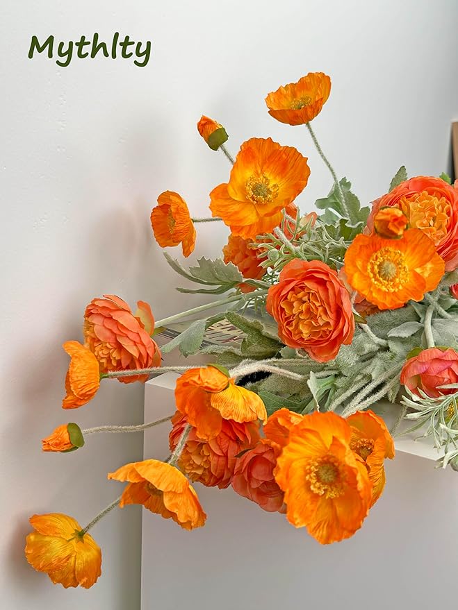 Set of 6 Poppies Flowers Artificial Silk Flowers with Long Stems Faux Wildflowers Bouquet for Vases Oil Pastel Style for Wedding Party Indoor Home Office Decor (Orange)
