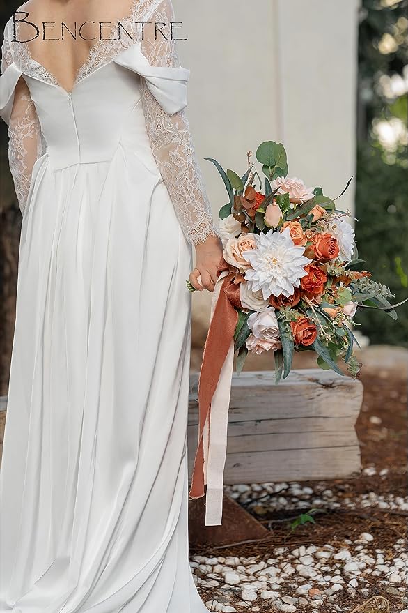 14 Inch Terracotta Bridal Bouquet, Fall Wedding, Bride Bouquets for Ceremony & Anniversary, French Rustic Vintage Style, Artificial Flowers