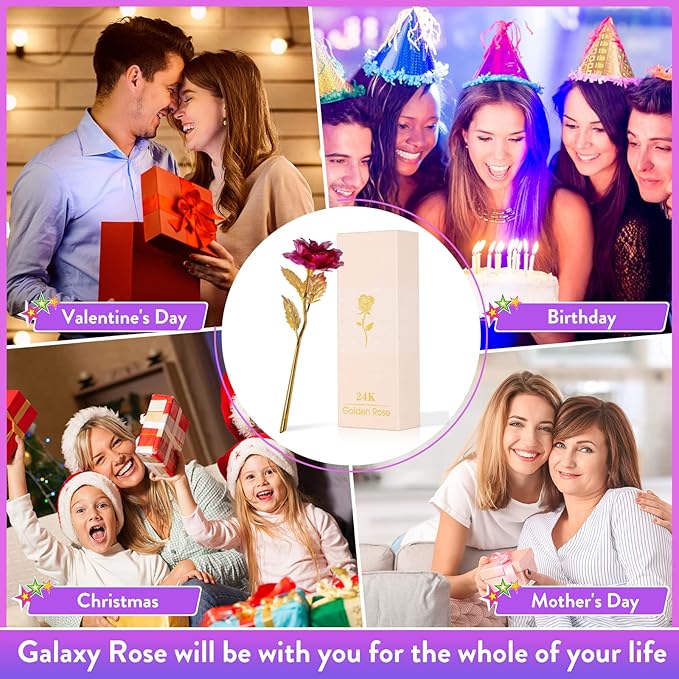 Christmas Flowers Gifts for Women, Mom Birthday Gifts for Christmas, Galaxy Glass Rose Forever Preserved Flowers Eternal Crystal Roses Xmas Gifts for Grandma Wife Sister Her Friends, Pink