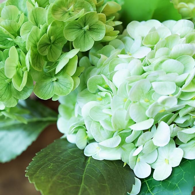 WILD WORKS Hydrangea Artificial Flower Natural Lifelike Real 21 inch Latex Long Stem 2 Light Green+2 Dark Green Hydrangea Flower Bouquets for Christmas Decor Home Party Outdoor Wedding Decoration