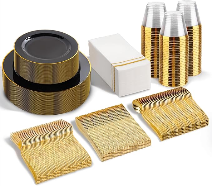 SUT 350-Piece Black and Gold Disposable Plates - Elegant Plastic Dinnerware for 50 Guests, Includes Cups & Napkins | Durable Leak-Proof Design for Weddings, Birthdays, Holidays