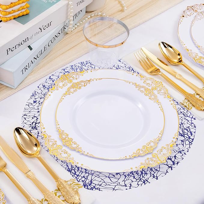 Hysenm 50 Pcs Disposable Blue Placemats Set Metallic 13 Inch Round Table Doilies, Ultra-Thin Messy Lines Disposable Placement Mats for Home Decoration Dining Table Wedding Birthday Party