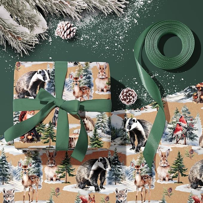 WRAPAHOLIC Kraft Christmas Wrapping Paper - Mini Roll - 17 Inch x 33 Feet - Wild Animals Winterfall Watercolor Design for Christmas, Holiday, Party Celebration