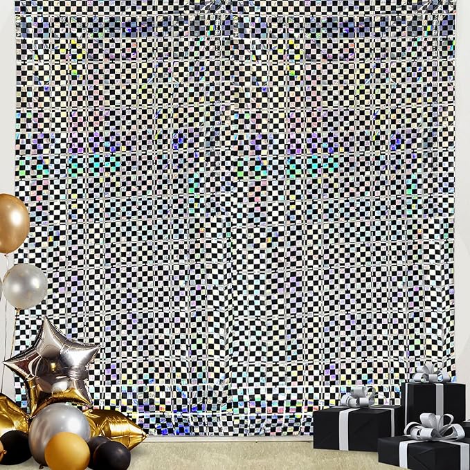 Iridescent Race Car Foil Fringe Curtains Backdrop Racing Party Supplies 2 Pack 3.28 x 6.56 Ft Race Car Theme Background for Kids Boy Birthday Baby Shower Party Decorations
