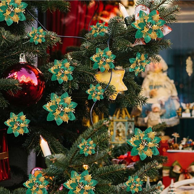 Geosar 24 Christmas Glitter Artificial Poinsettia Flowers Xmas Poinsettia Artificial Wedding Flowers Decorations Xmas Tree Ornaments with Clips for Party Favors, 6 Inch, 4 Inch, 3 Inch (Green, Gold)
